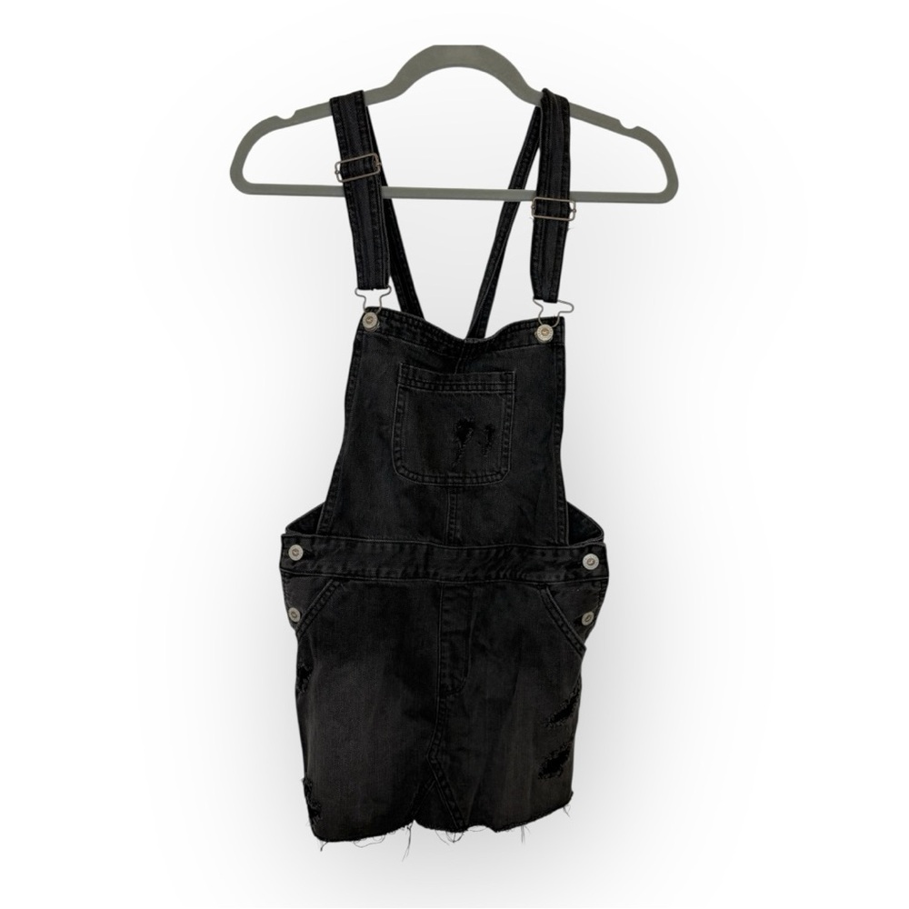 Hollister Black Denim Overall Mini Dress Y2K Grunge Embroidered Flowers Small - Picture 2 of 9